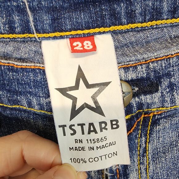 TSTARB Bootcut Jeans Size 28x33 Distressed Yellow Bird Embroidered Back Pockets - Picture 13 of 13